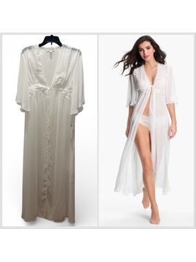 In Bloom by Jonquil Sheer White Lace Beaded Trim Maxi Bridal Wedding Robe L